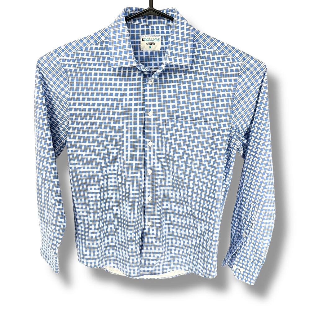 &Collar Athletic Fit Performance Dress Shirt Men's S Blue Gingham Check Stretch